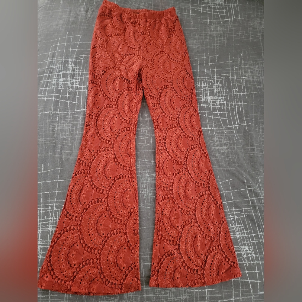 NWOT SHEIN Sheer Mesh Lace flair pants, orange, M